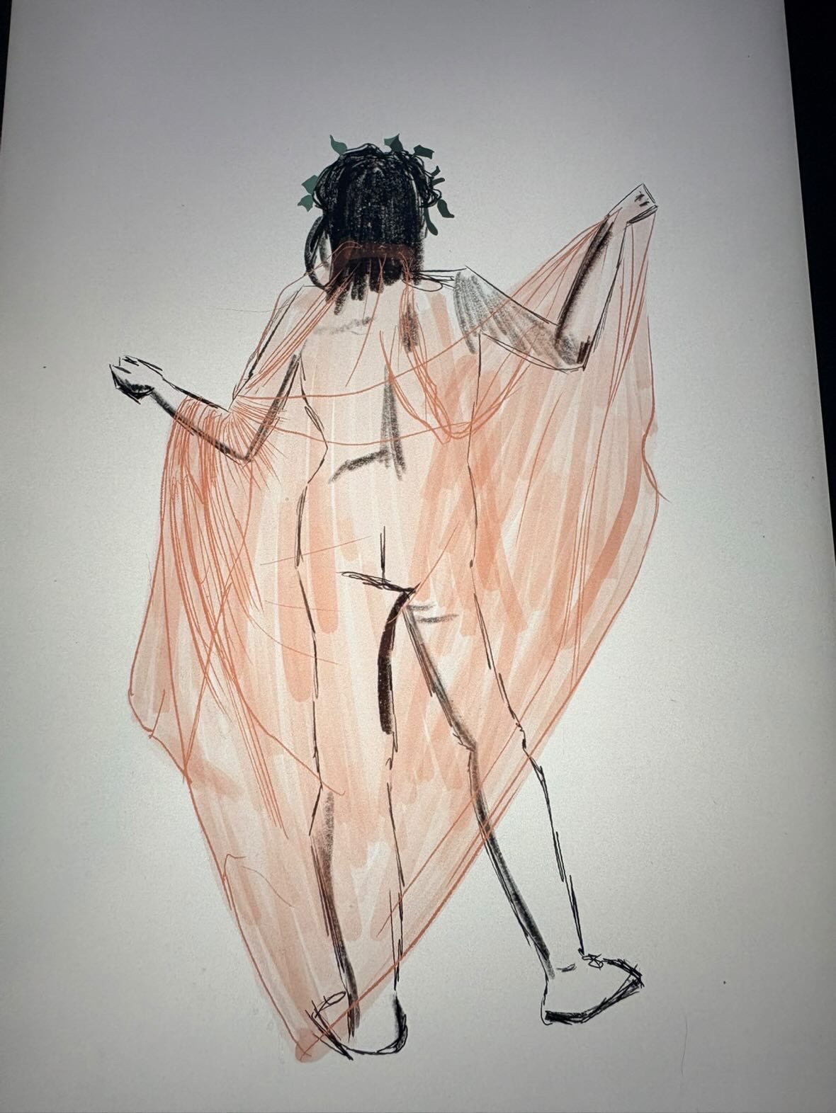 A terracotta-toned figure drawing on an easel